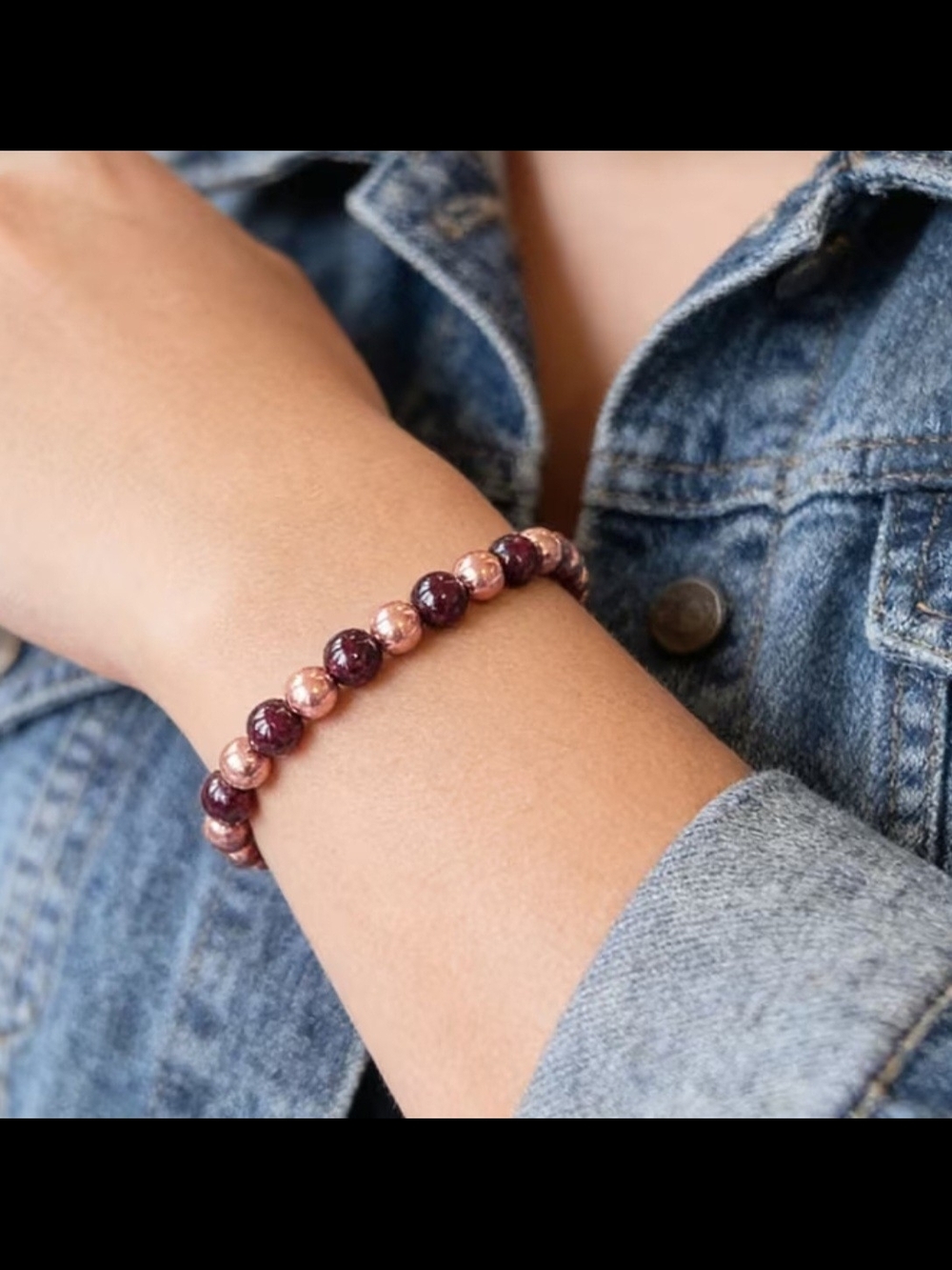 Rose Gold and Garnet Gemstone Beaded Stretch Bracelet Stack